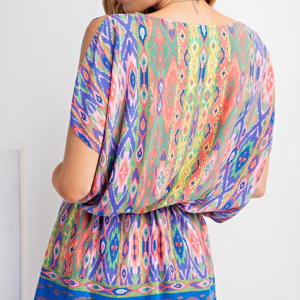 NEW EASEL BORDER PRINT RAYON CHALLIS WOVEN TUNIC DRESS ELASTIC WAIST TIE BOHO !! - Picture 3 of 7
